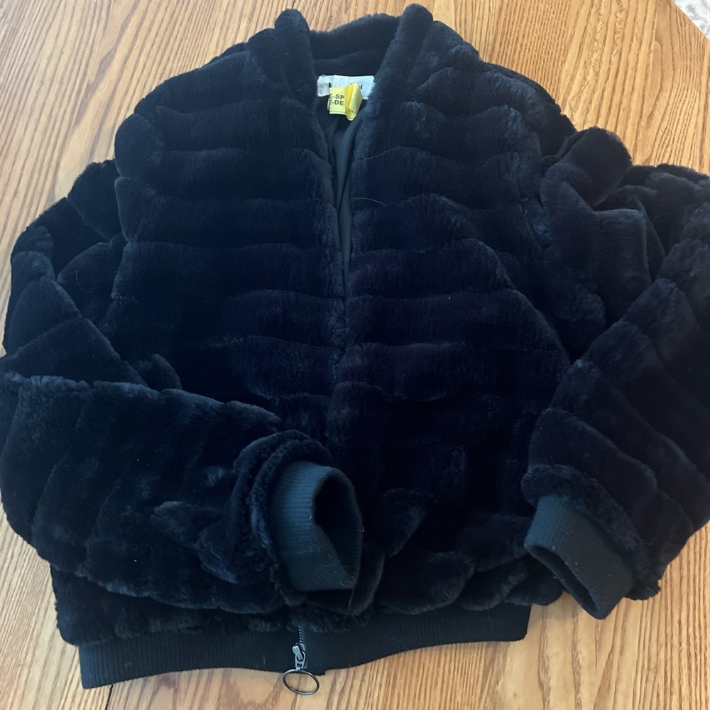 Line & Dot Black Faux Fur Bomber Jacket